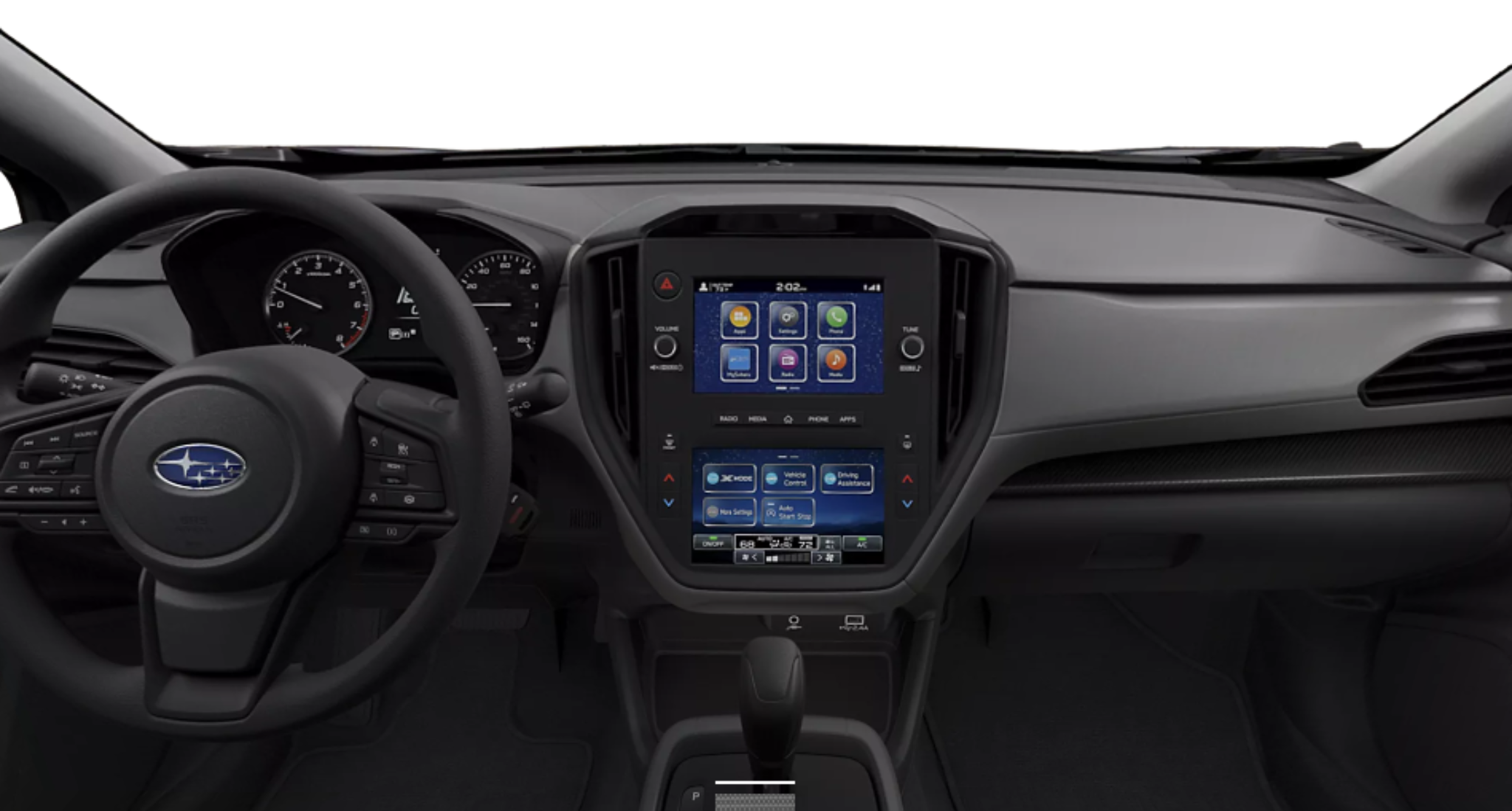 Interior dashboard of the 2025 Subaru Crosstrek Base AWD featuring dual touchscreen SUBARU STARLINK infotainment system with Apple CarPlay and Android Auto integration.