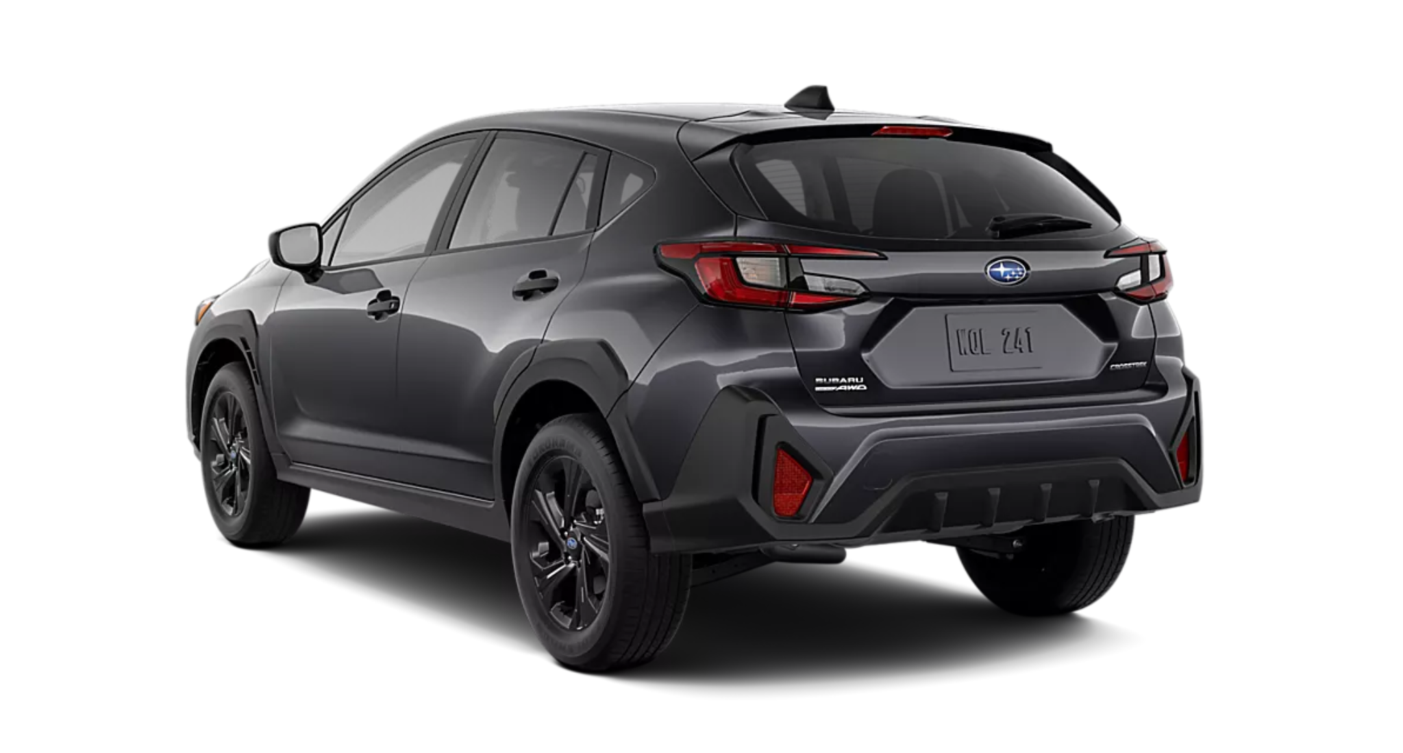 Rear view of the 2025 Subaru Crosstrek Base AWD in dark gray showing its sporty design, LED taillights, and Subaru Symmetrical AWD badging.