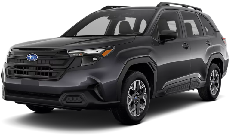 Bold front view of the 2025 Subaru Forester Base AWD with black grille, LED steering responsive headlights, and a rugged SUV stance.