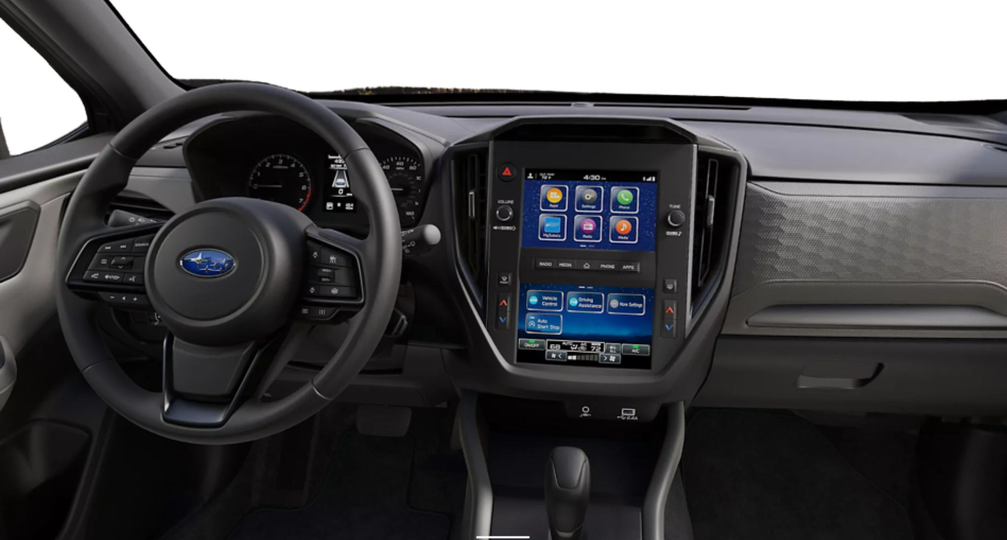 2025 Subaru Forester Base AWD interior dashboard featuring a large STARLINK touchscreen, multi-function steering wheel, and digital gauge cluster.