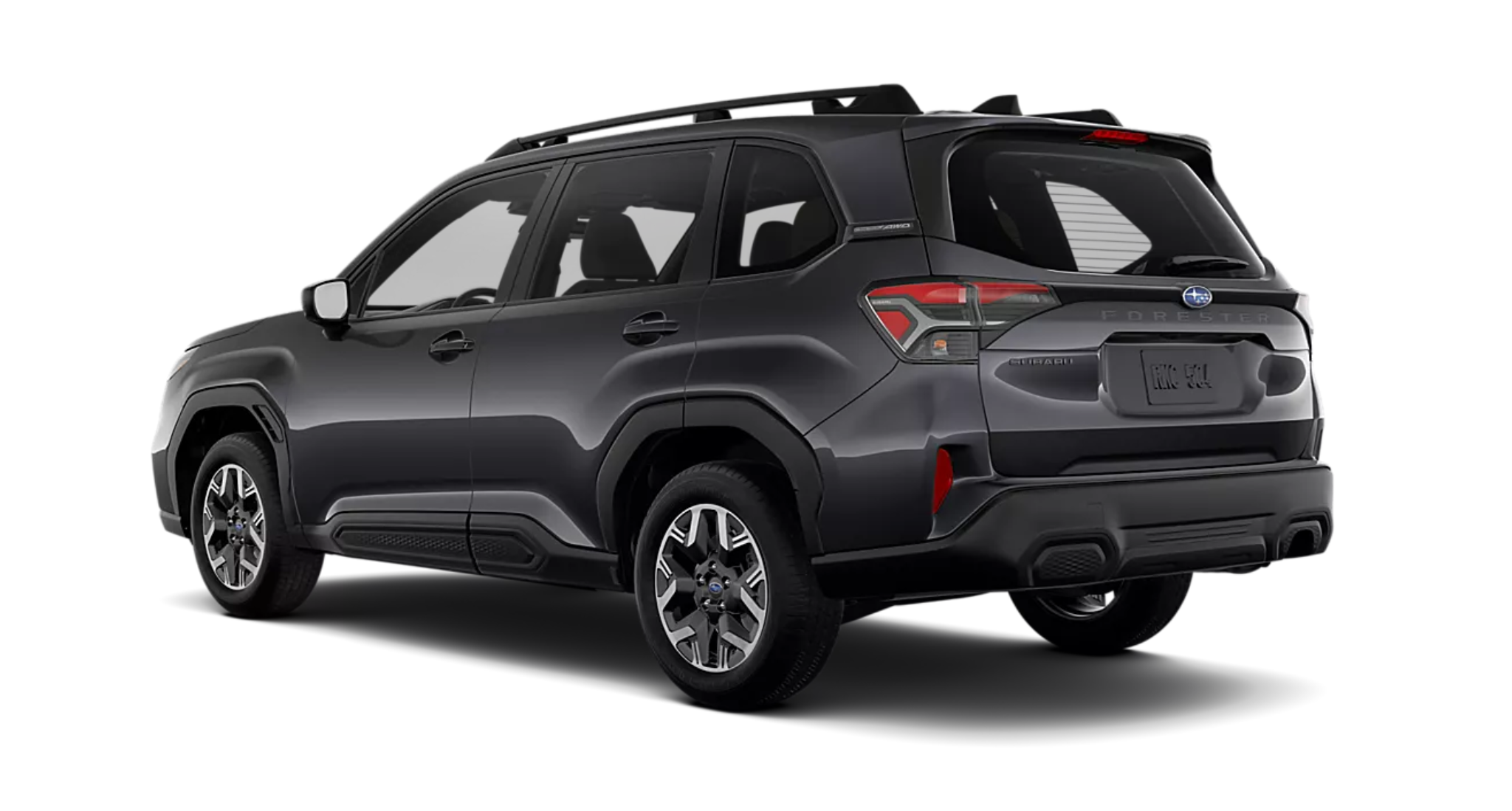2025 Subaru Forester Base AWD rear angle showcasing LED taillights, roof rails, and sculpted rear bumper in a Magnetite Gray Metallic finish.