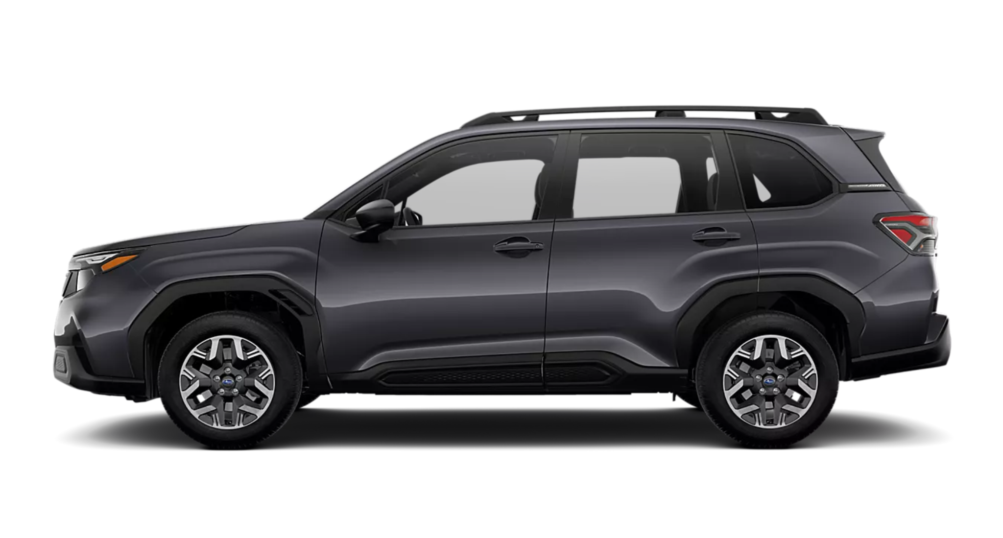 Sleek side profile of the 2025 Subaru Forester Base AWD highlighting 17-inch alloy wheels, high ground clearance, and raised roof rails.
