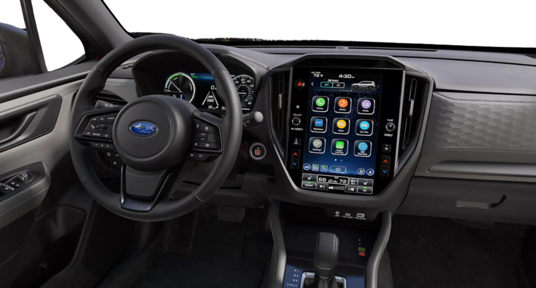 2025 Subaru Forester Hybrid Premium AWD interior featuring a digital gauge cluster and 11.6-inch STARLINK multimedia touchscreen with climate controls