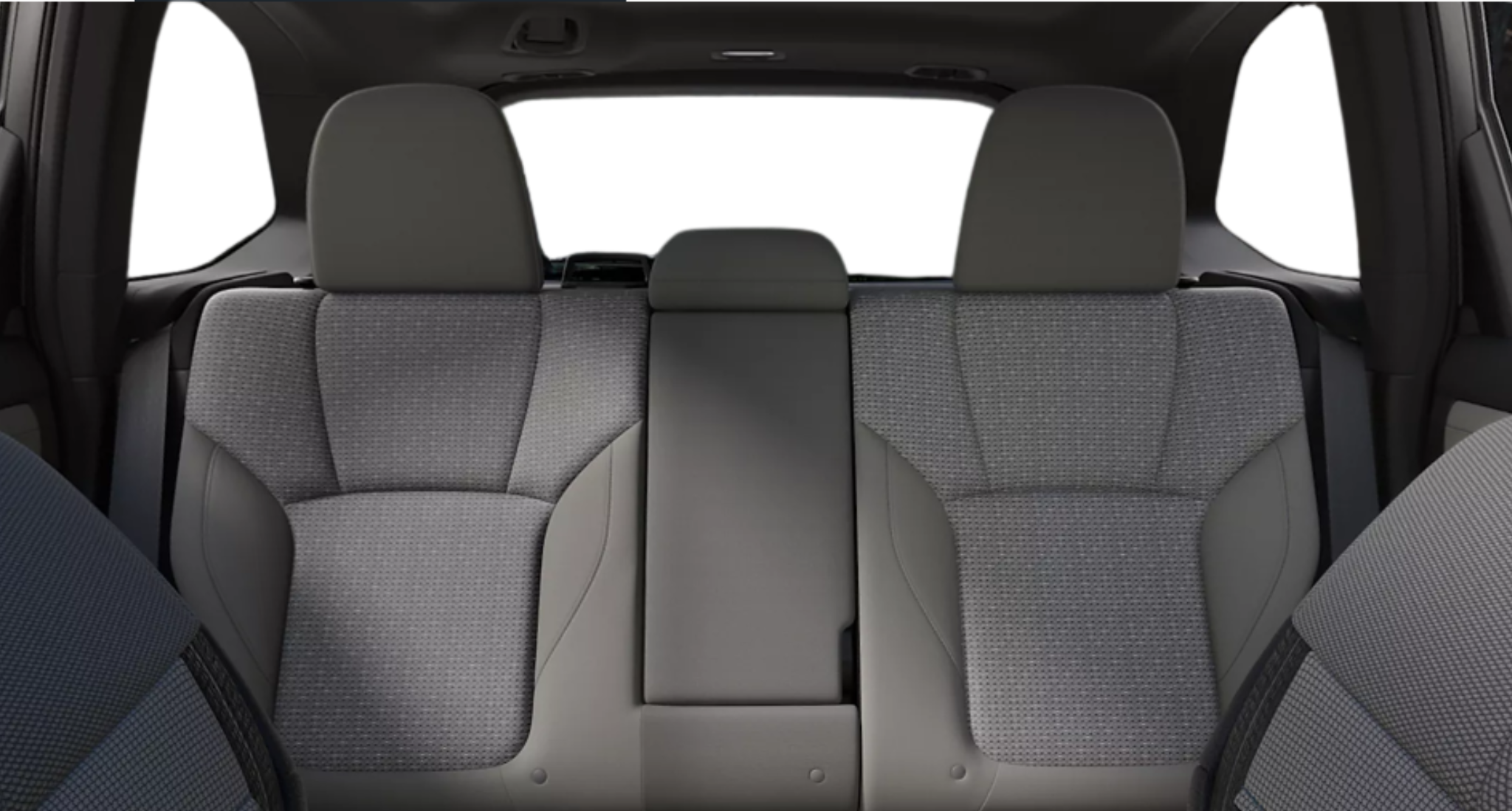 Spacious rear seats of the 2025 Subaru Forester Hybrid Premium AWD with textured cloth upholstery and fold-down center armrest