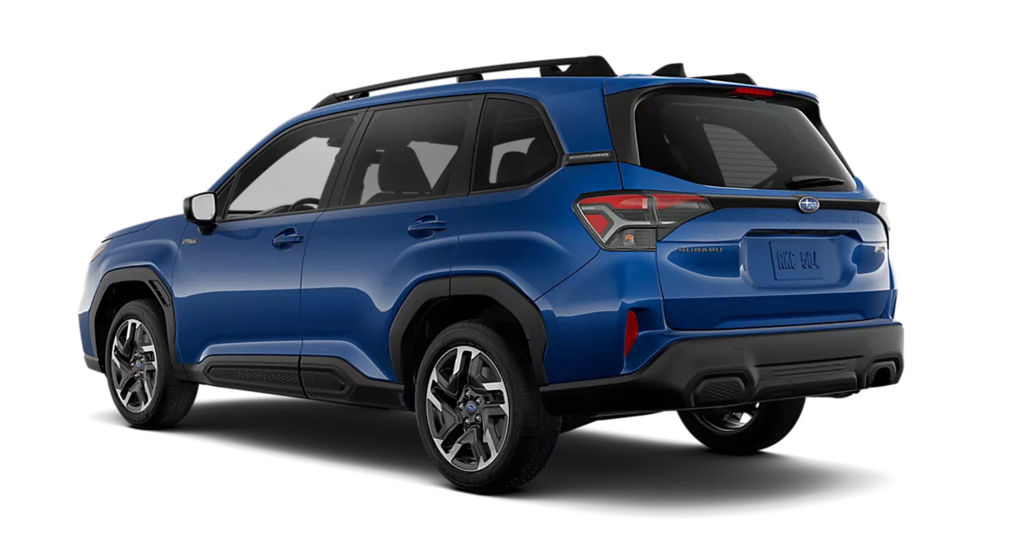 2025 Subaru Forester Hybrid Premium AWD in Horizon Blue Pearl shown from the rear showcasing LED taillights and hybrid badging