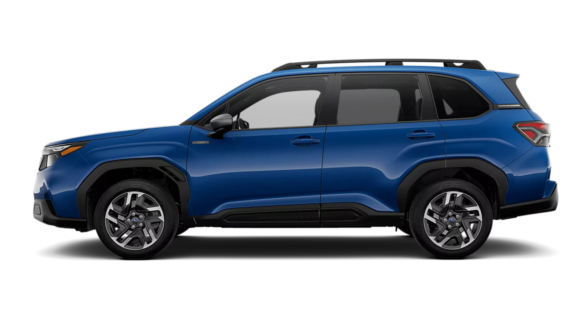 Sleek side profile of the 2025 Subaru Forester Hybrid Premium AWD with black cladding and roof rails, finished in Horizon Blue Pearl