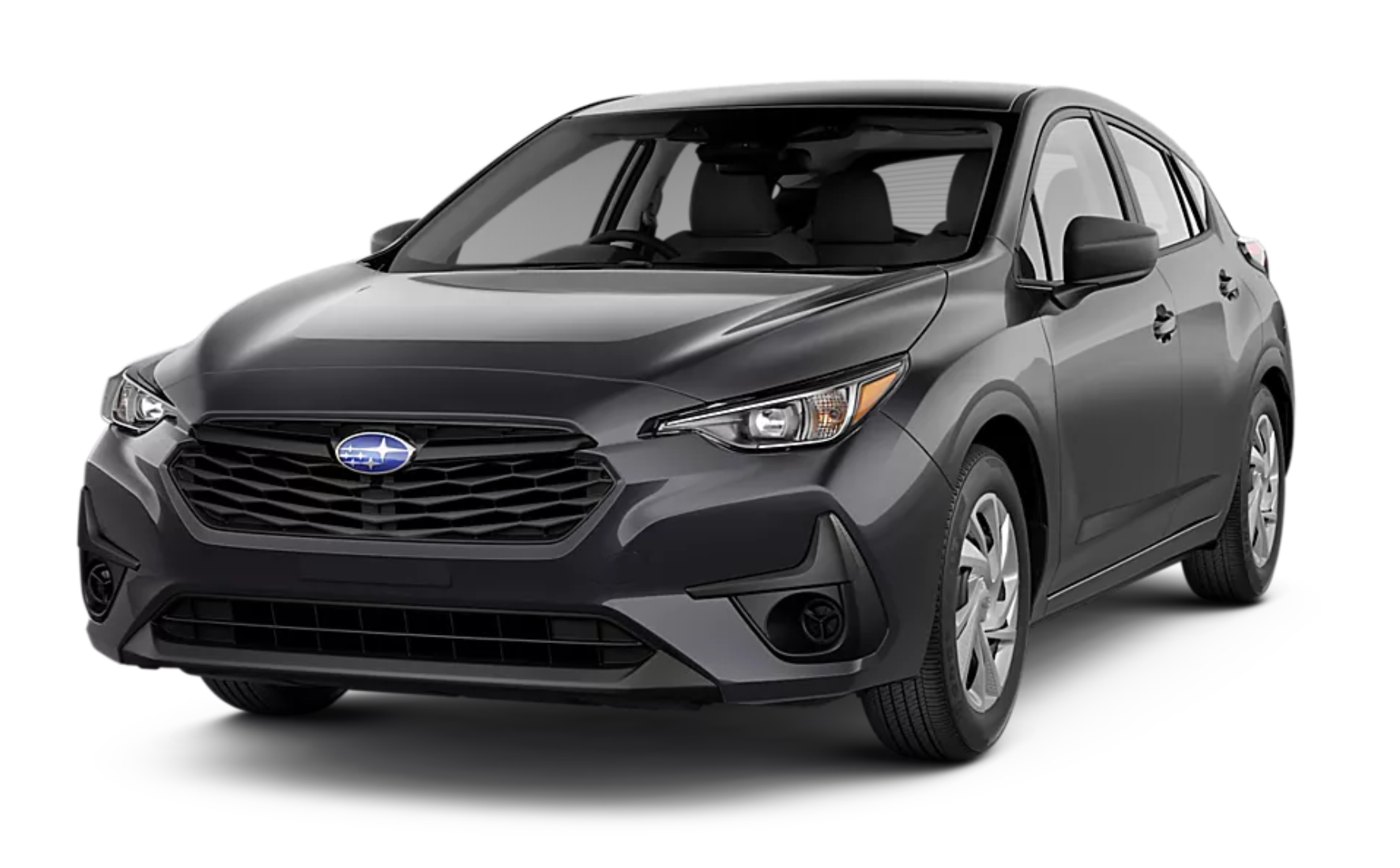 Front view of the 2025 Subaru Impreza Base AWD featuring LED headlights, hexagonal grille, and sporty compact SUV styling
