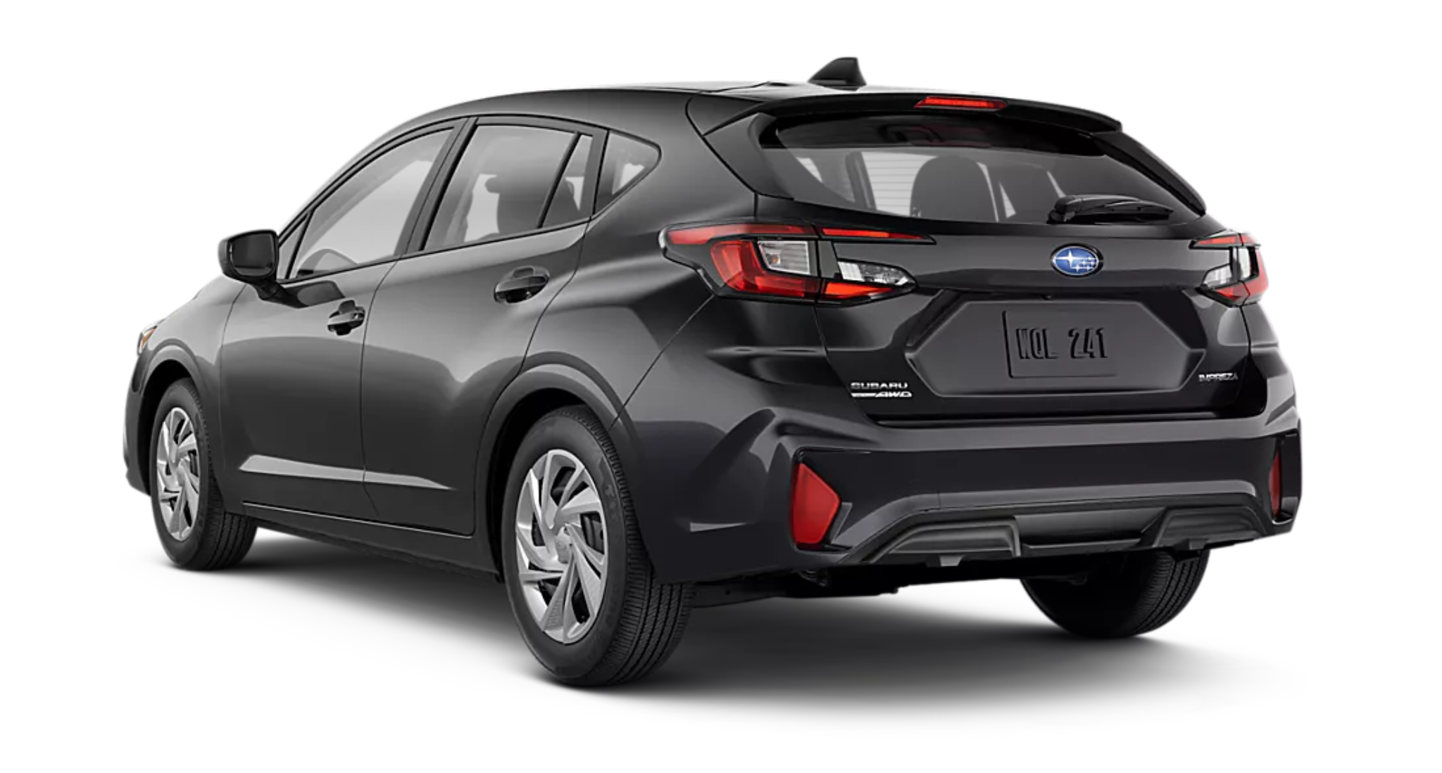 Rear view of the 2025 Subaru Impreza Base AWD hatchback in Magnetite Gray, featuring LED taillights and symmetrical AWD badging