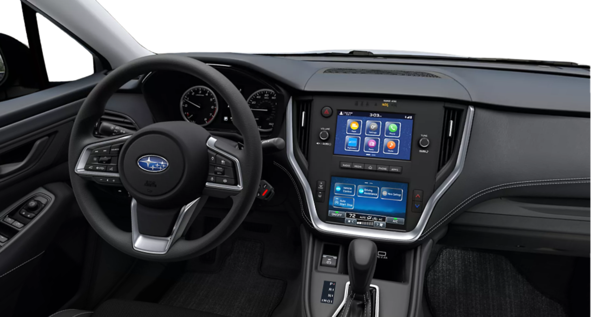 2025 Subaru Legacy Base AWD interior view showing steering wheel, dual 7-inch STARLINK touchscreen, and intuitive dashboard layout.