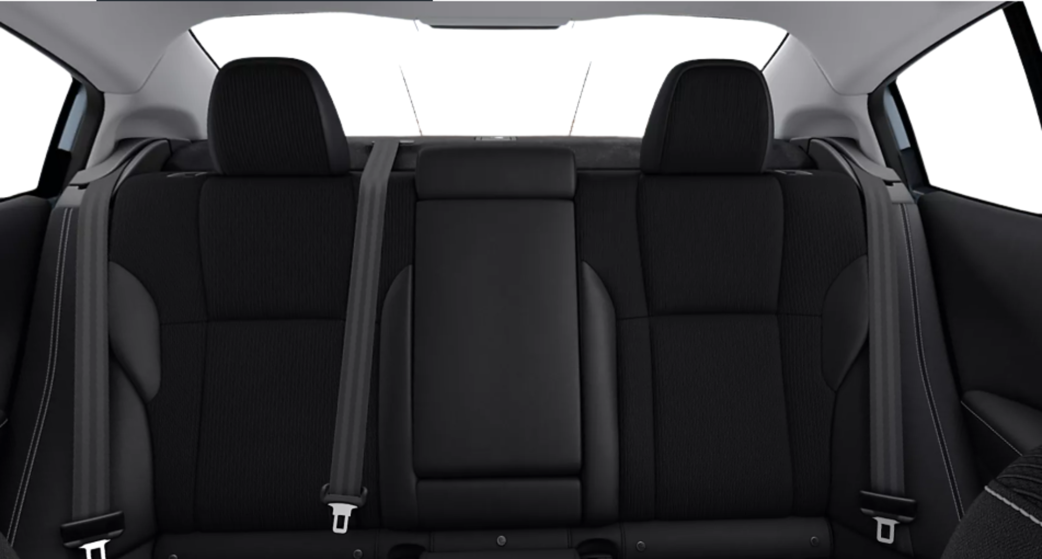 Rear seating of the 2025 Subaru Legacy Base AWD with black cloth upholstery, center armrest, and three-point seat belts for all passengers.