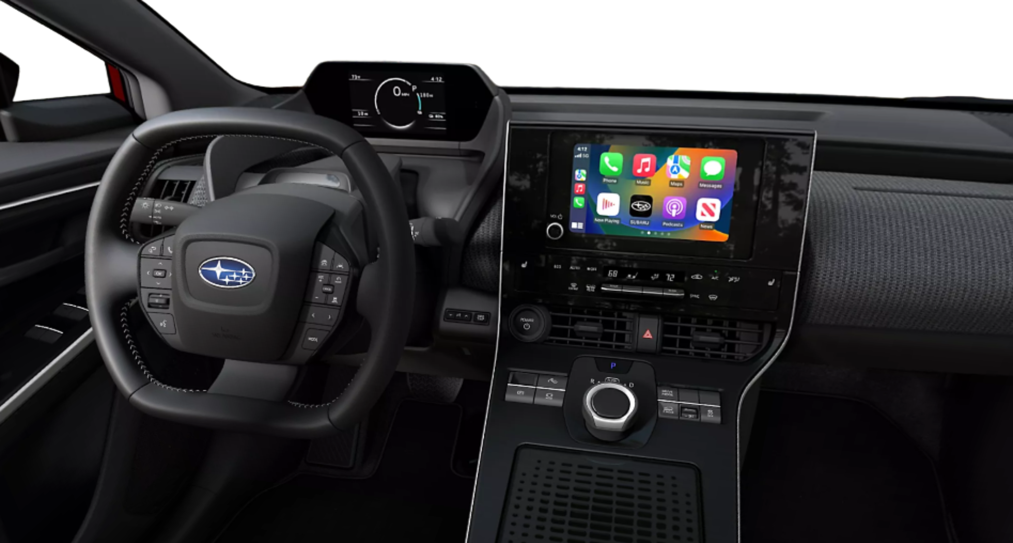 2025 Subaru Solterra Premium AWD dashboard and steering wheel with touchscreen infotainment and digital driver display.