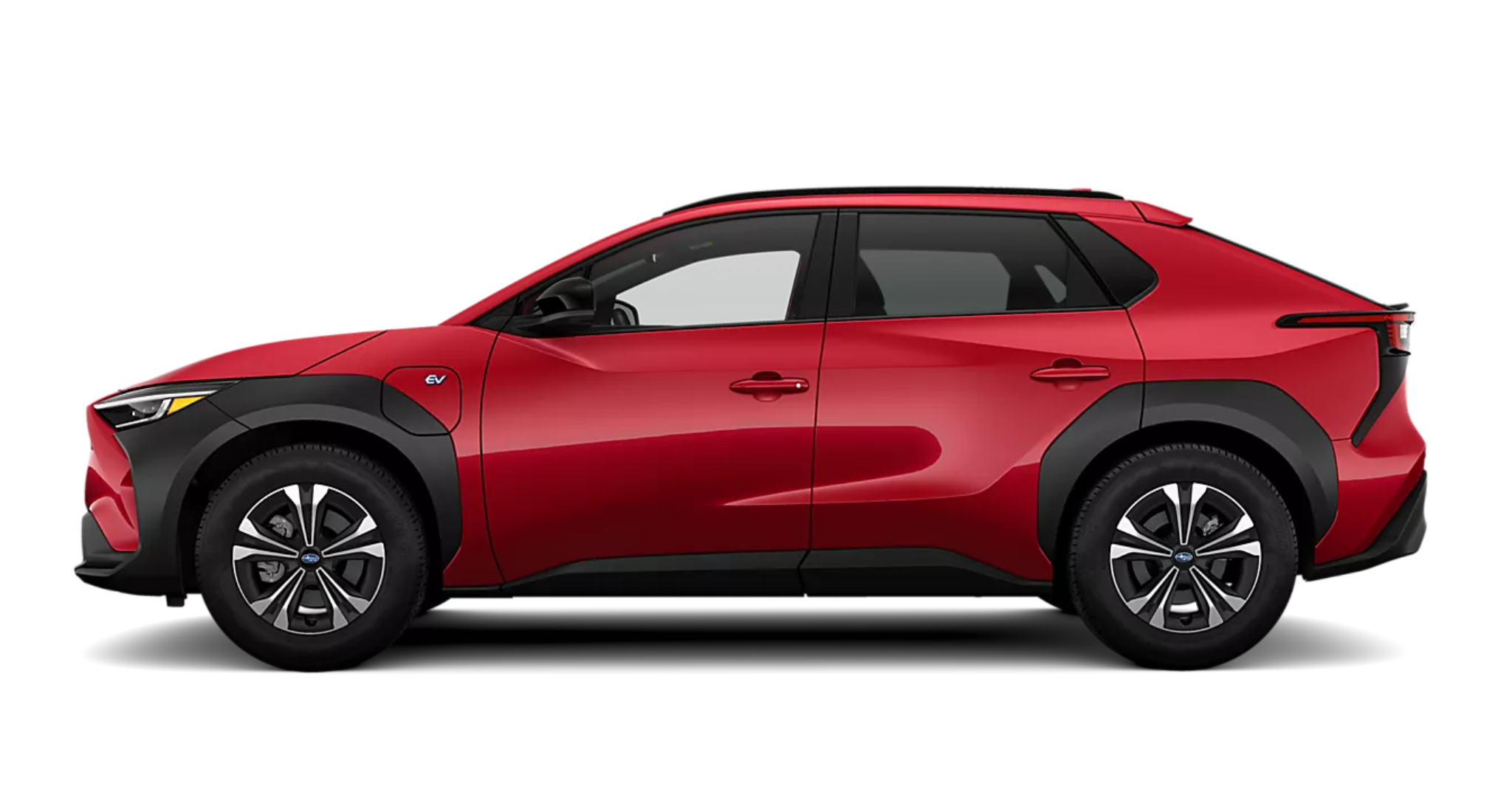 Side profile of the 2025 Subaru Solterra Premium AWD electric SUV in red, featuring aerodynamic design and black body cladding.