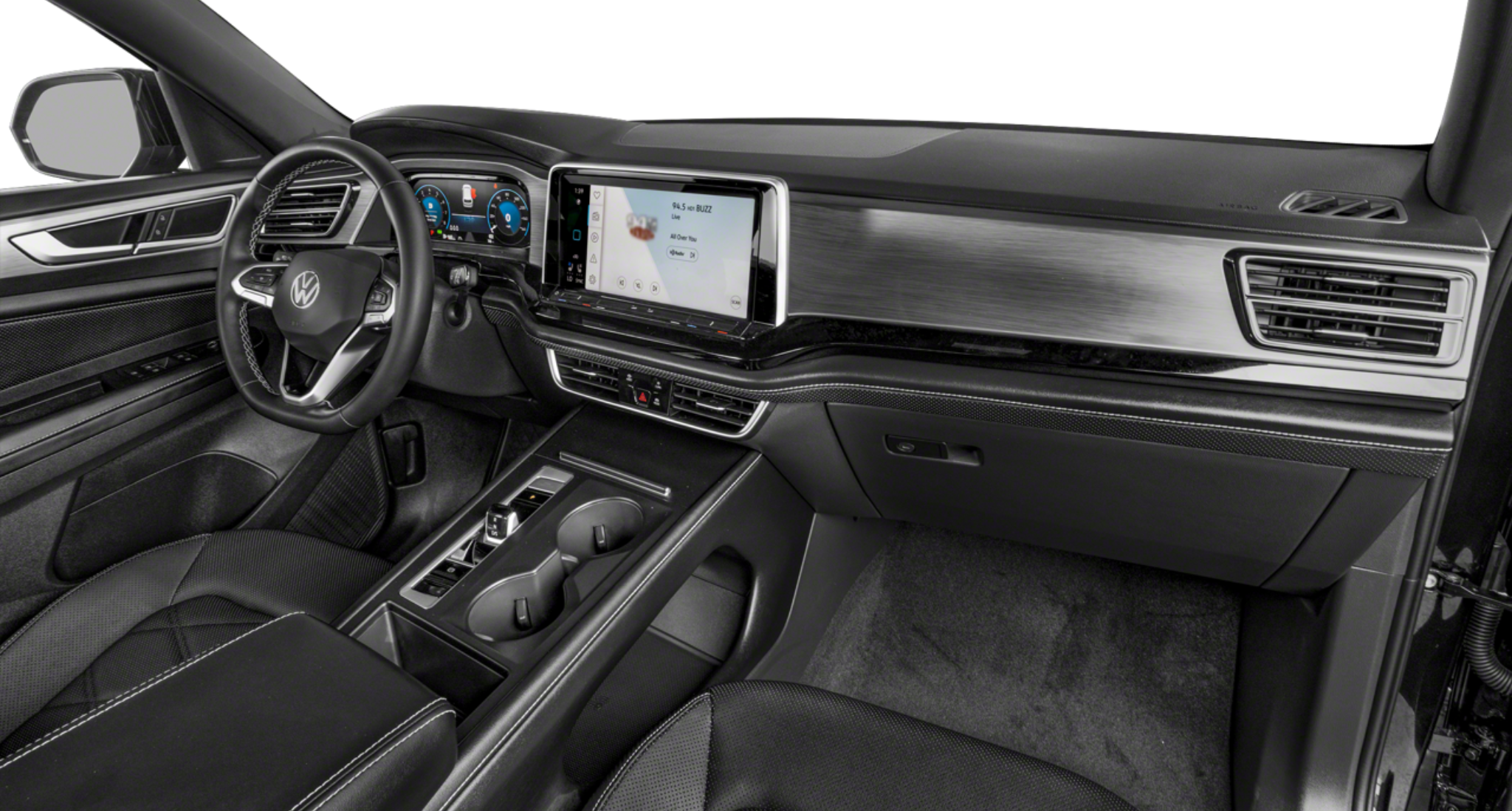 Cockpit view of the 2025 Volkswagen Atlas Cross Sport SE AWD showcasing the 12-inch touchscreen and digital display interface.