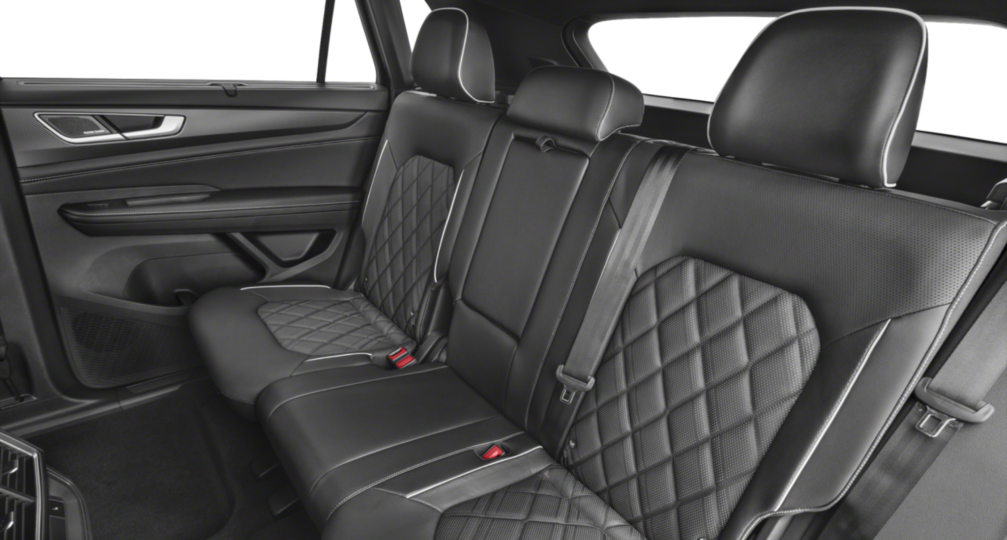 Rear passenger seats of the 2025 Volkswagen Atlas Cross Sport SE AWD featuring quilted V-Tex leatherette and spacious legroom.