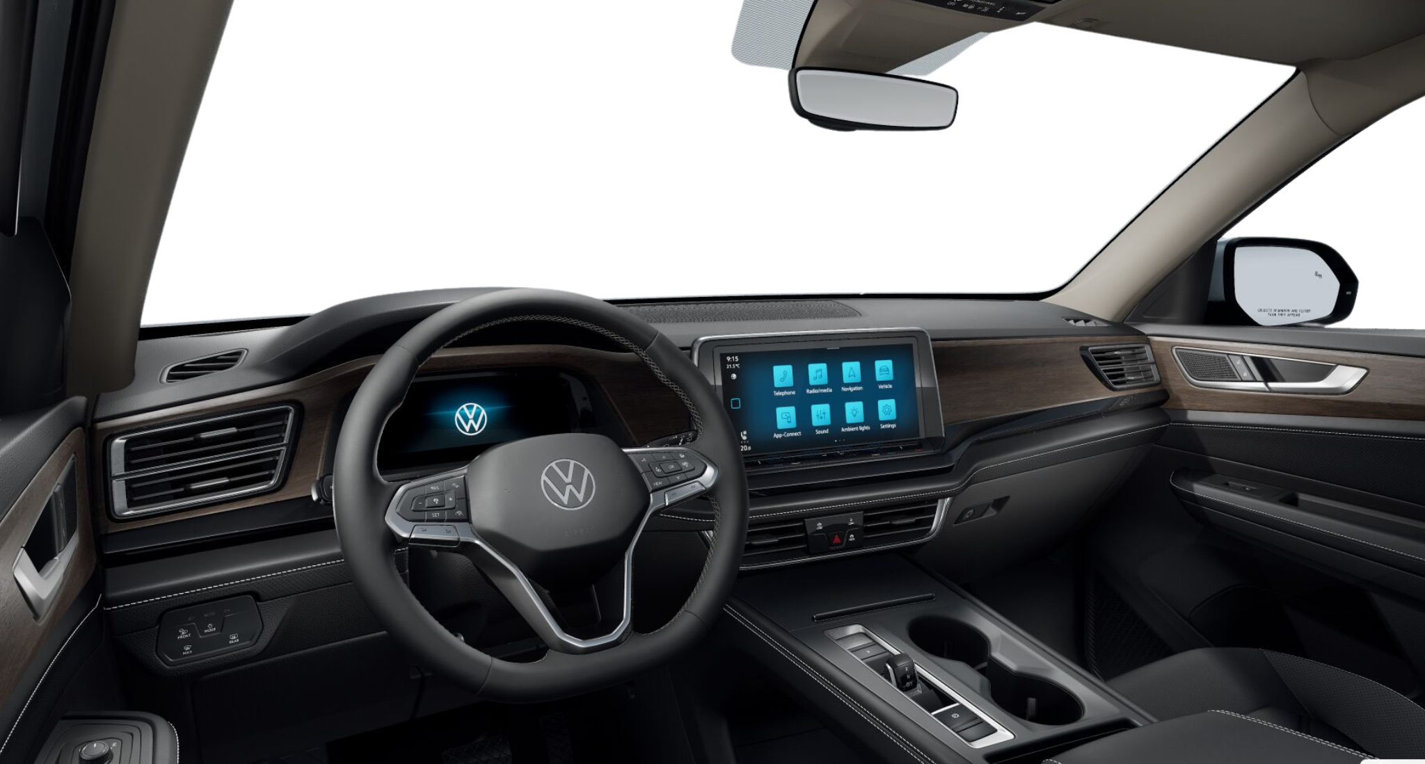 Close-up view of the 2025 Volkswagen Atlas SE AWD digital cockpit featuring a 12-inch touchscreen and leather-wrapped steering wheel.