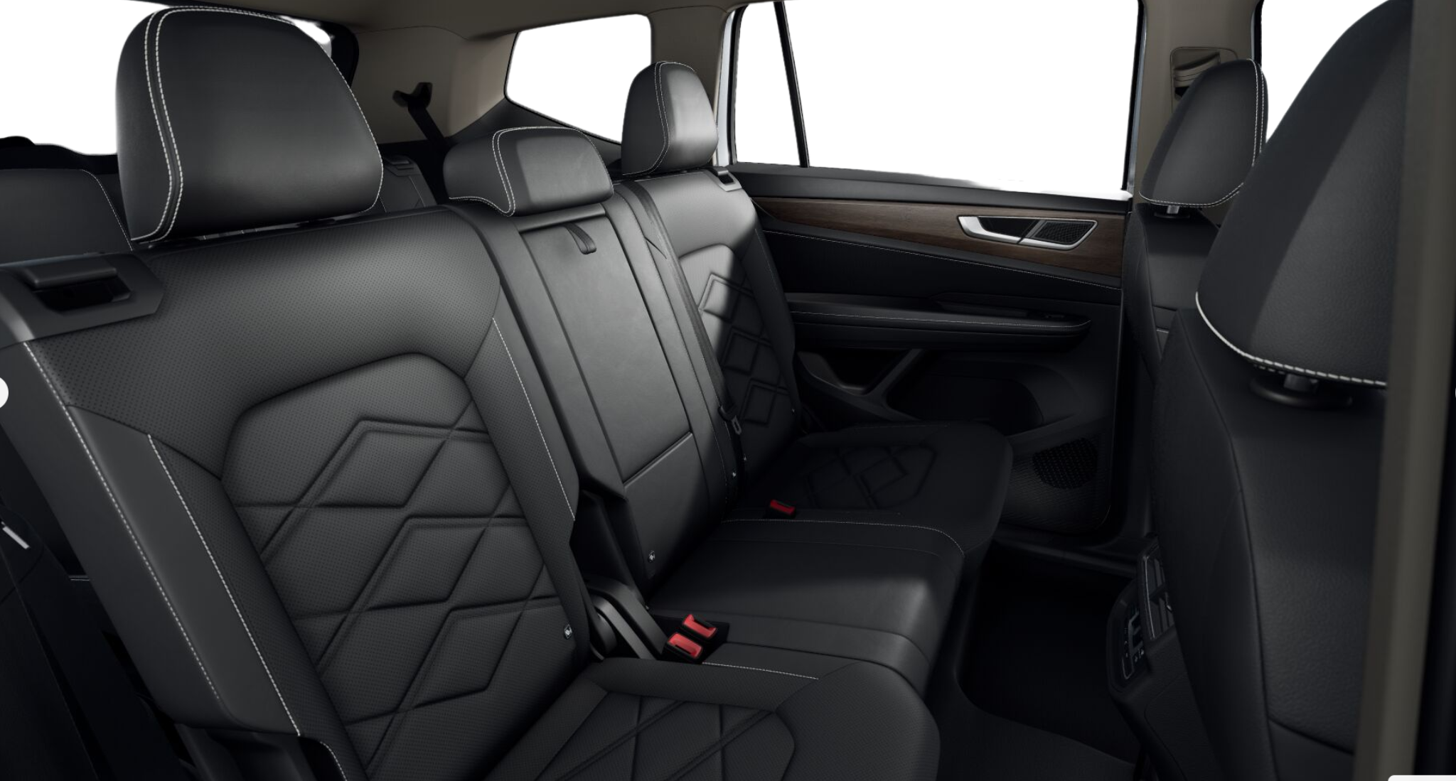 Second-row seating of the 2025 Volkswagen Atlas SE AWD with premium perforated leatherette upholstery and contrast stitching.