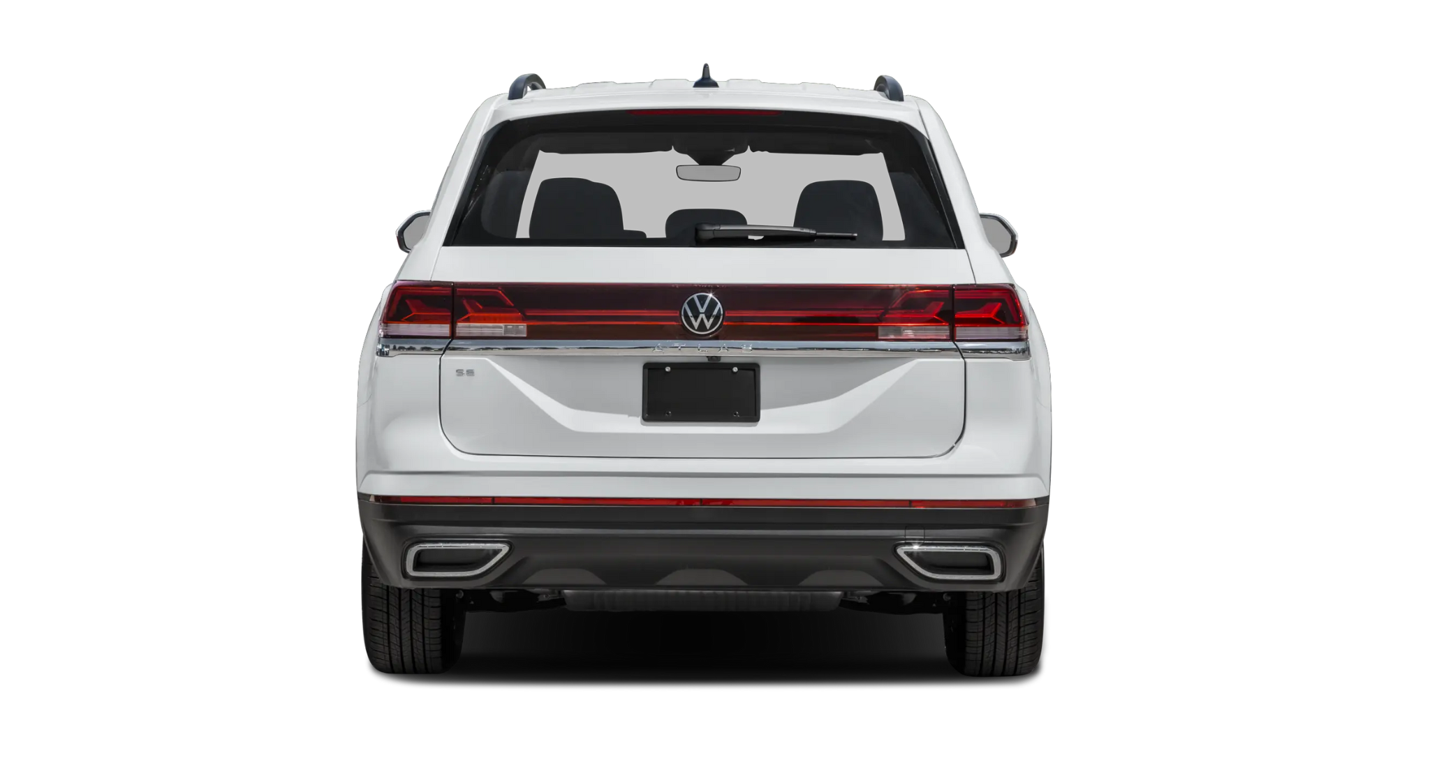 Rear view of the 2025 Volkswagen Atlas SE AWD in white, showcasing LED taillights and SE badging on the liftgate.