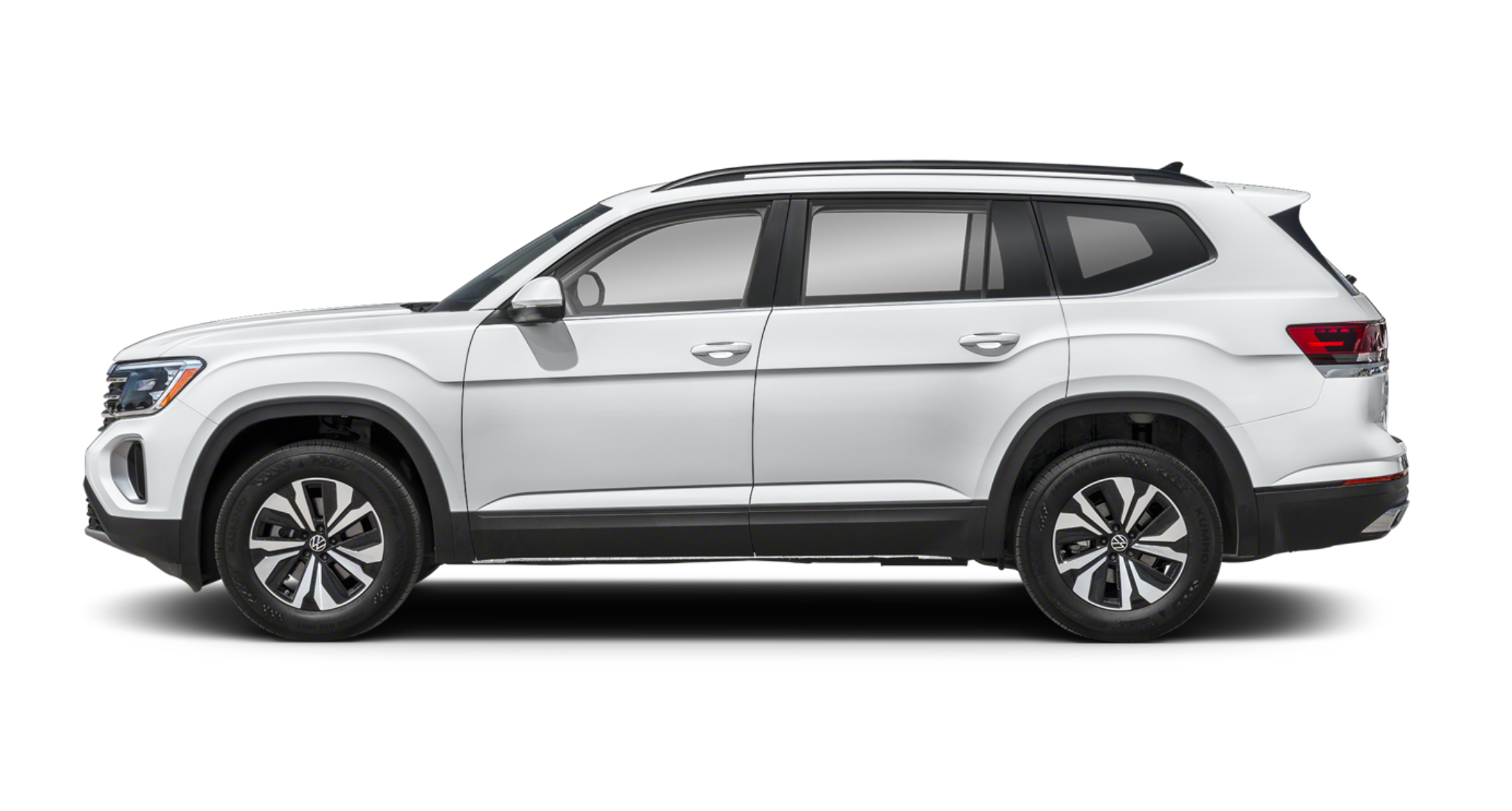 Passenger-side profile of the 2025 Volkswagen Atlas SE AWD highlighting 18-inch alloy wheels, black roof rails, and sleek body lines.