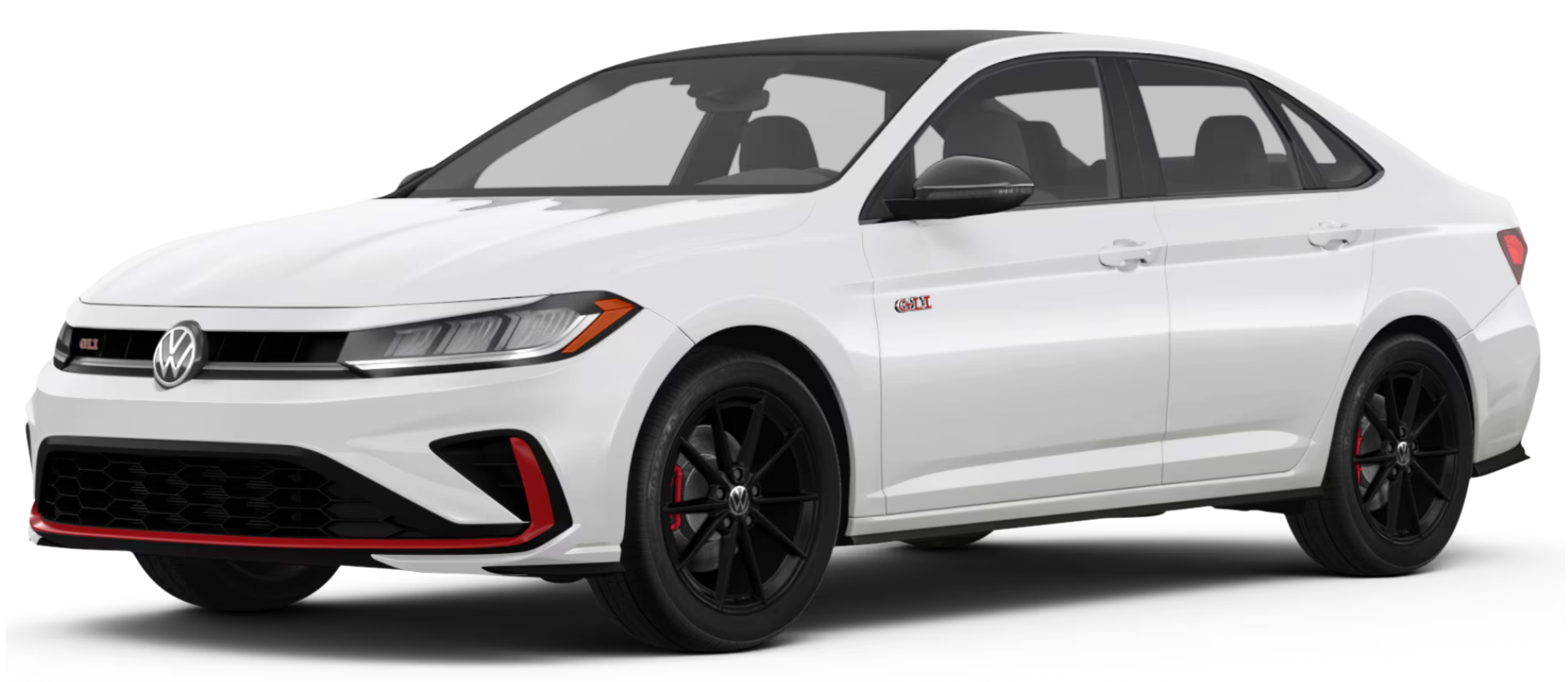 Front view of the 2025 Volkswagen Jetta GLI in white with black wheels, red accents, and aggressive front-end styling.