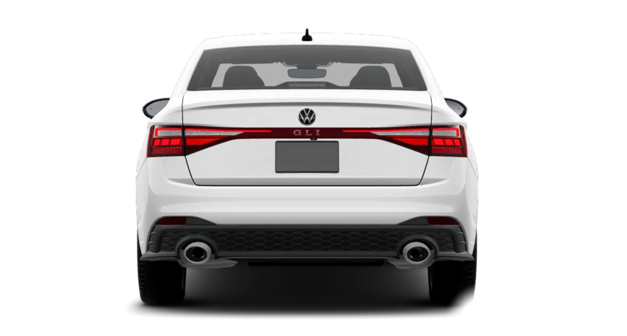 aRear view of the 2025 Volkswagen Jetta GLI with LED taillights, dual chrome exhaust tips, and integrated rear spoiler.