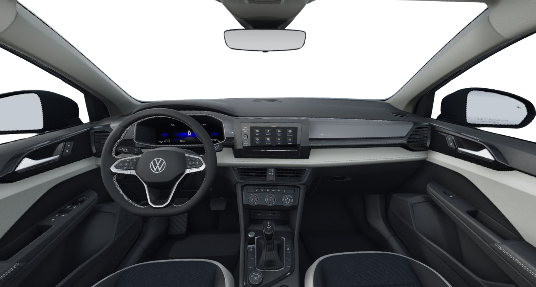 Driver’s view of the 2025 Volkswagen Taos S AWD interior with digital cockpit, touchscreen infotainment, and multifunction steering wheel.