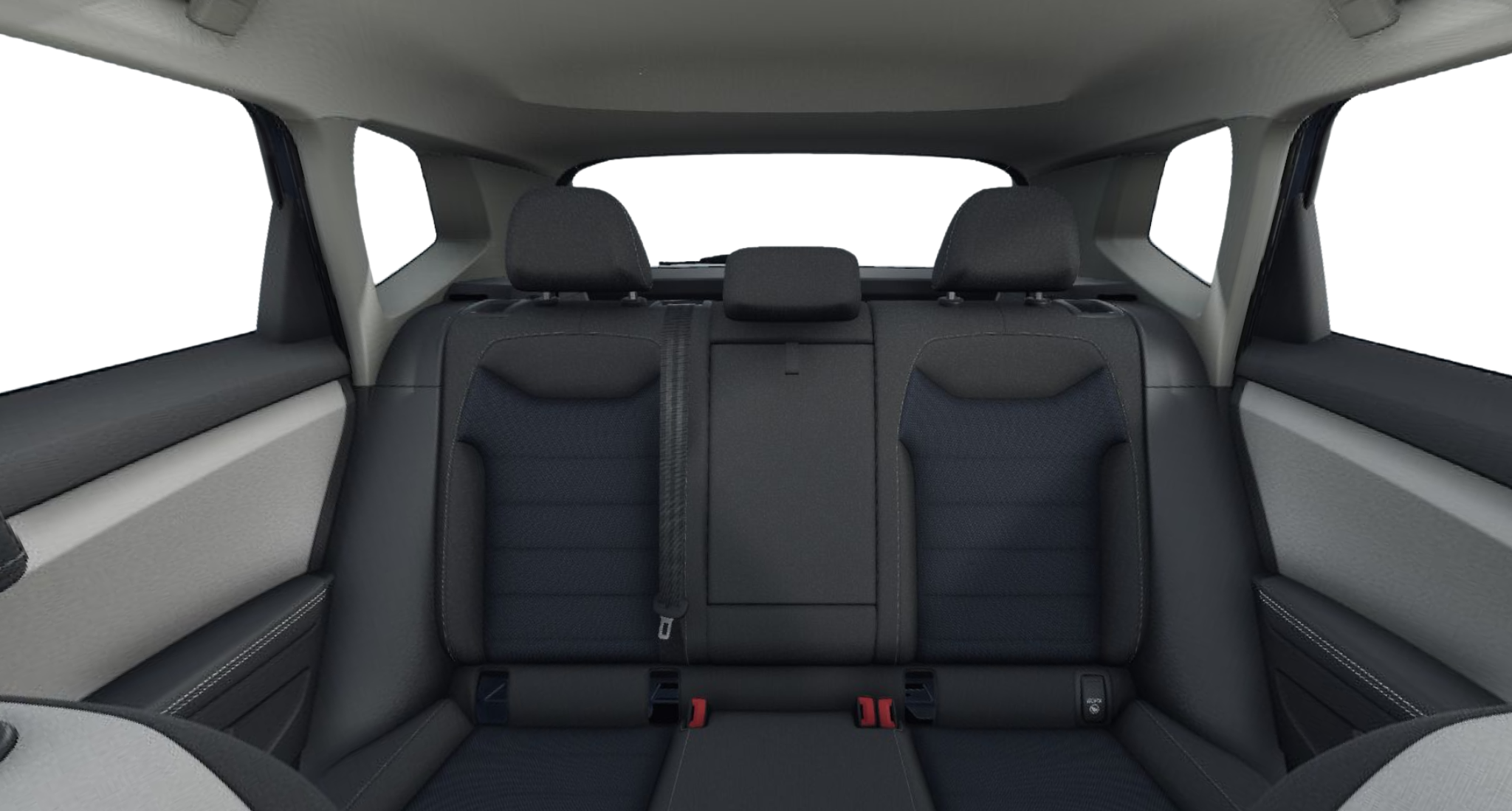 Rear passenger seats of the 2025 Volkswagen Taos S AWD, showcasing black cloth upholstery and fold-down center armrest.
