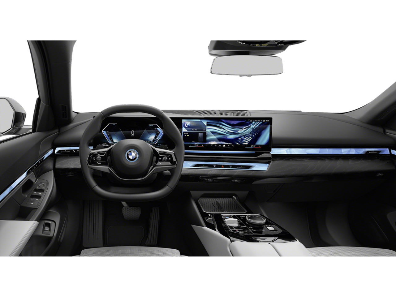 Interior dash view of the 2025 BMW 550e lease, featuring advanced safety features and intuitive infotainment for luxury leasing.