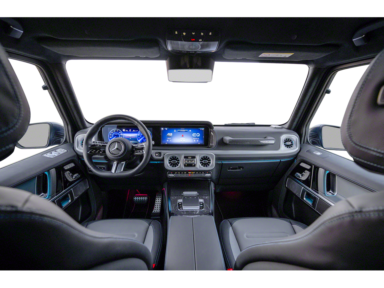 2025 Mercedes-Benz G 550 AWD SUV interior featuring a digital cockpit with MBUX dual 12.3-inch screens, leather-wrapped steering wheel, and premium trim.