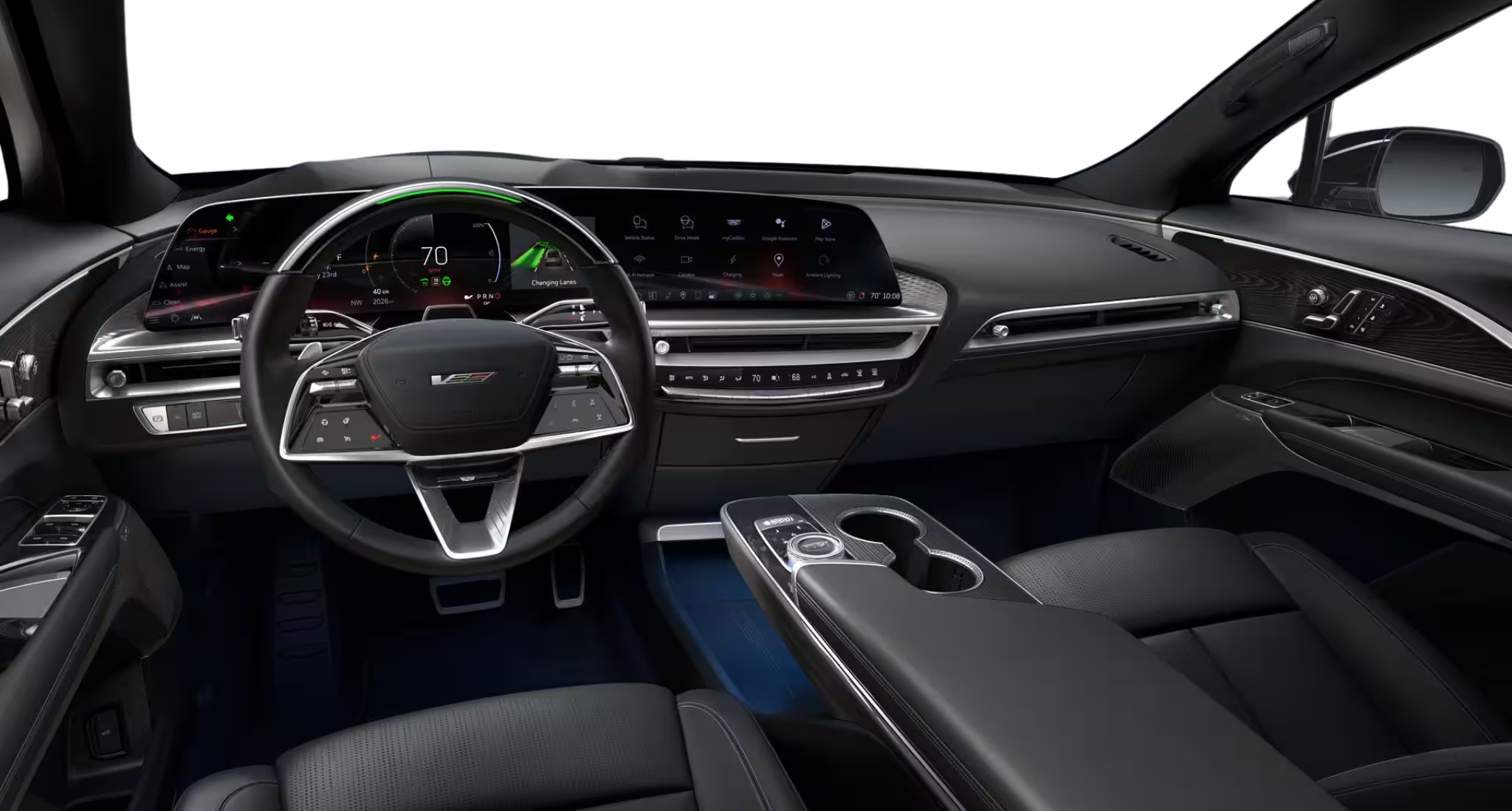 Driver cockpit of the 2025 Cadillac Lyriq-V AWD EV showcasing the curved 33-inch LED display, digital instrument cluster, and luxury finishes.