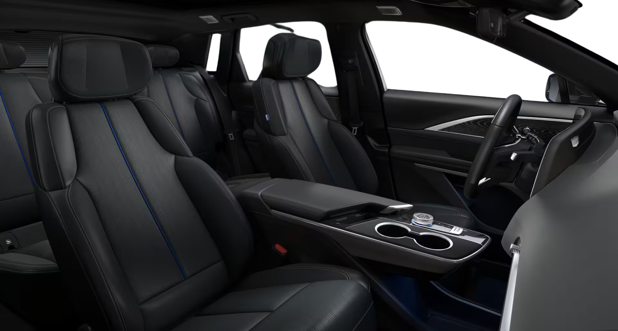 Interior seating of the 2025 Cadillac Lyriq-V AWD EV showing premium inteluxe seats with contrast stitching and spacious cabin design.