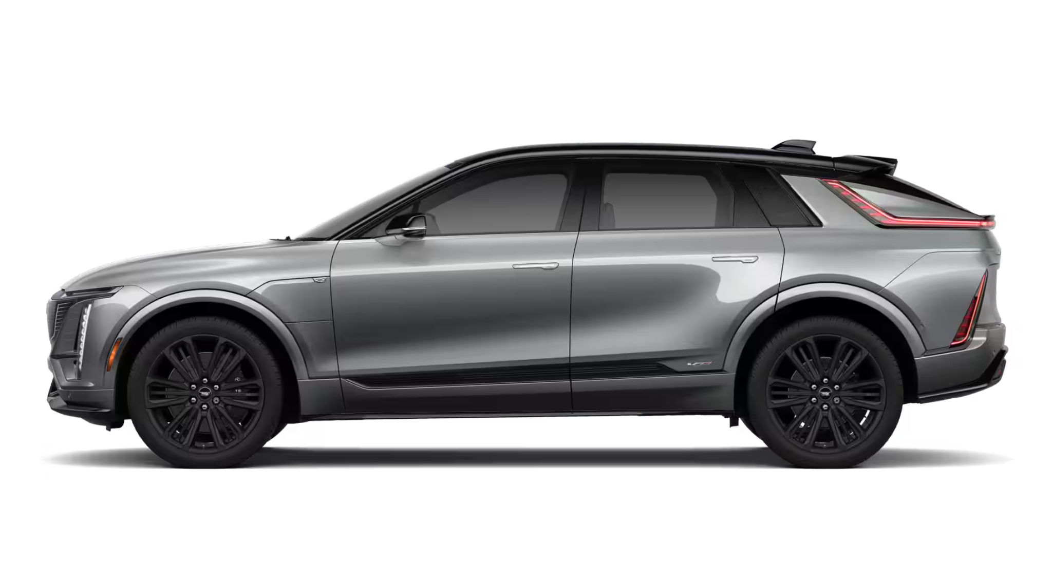 aSide profile view of the 2025 Cadillac Lyriq-V AWD EV highlighting its aerodynamic silhouette, aggressive styling, and V-Series badging.