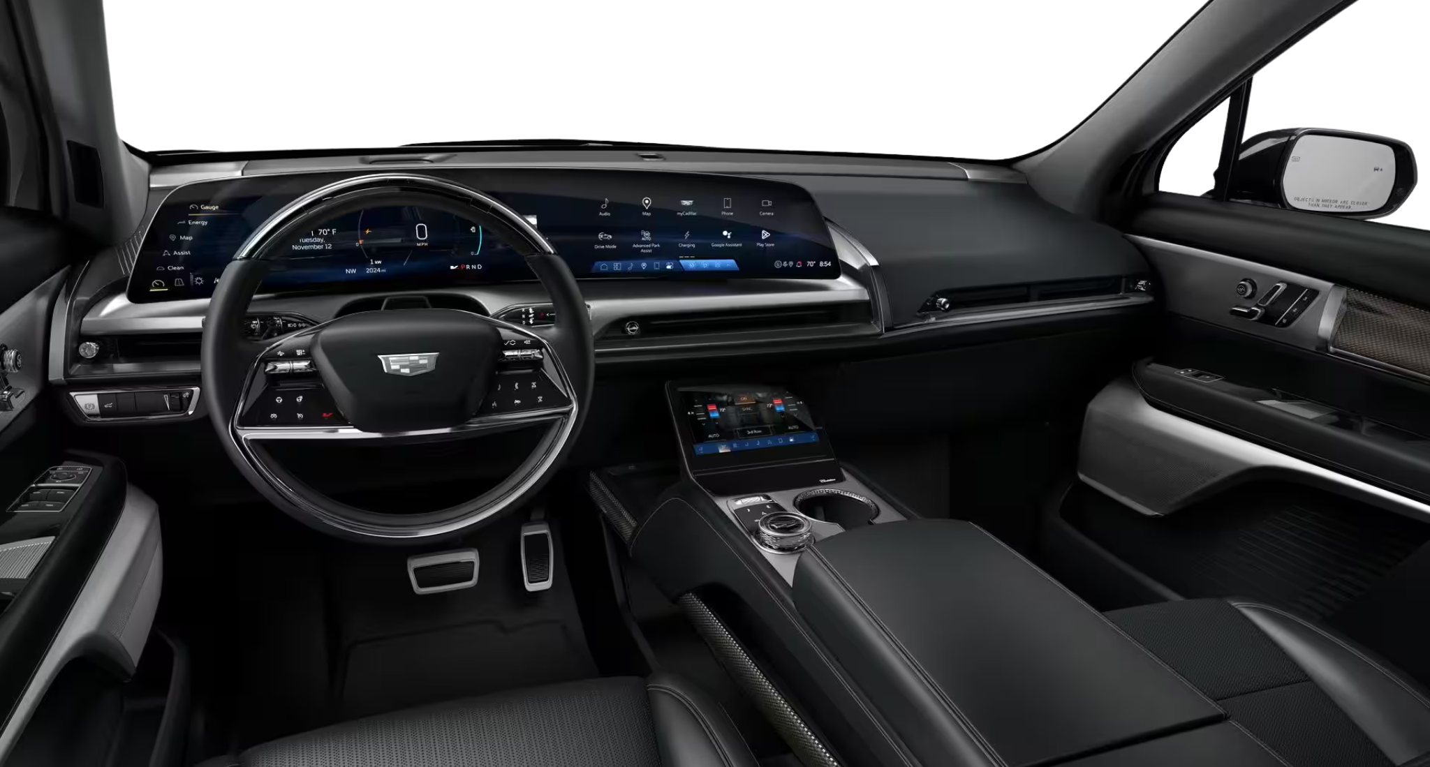 Advanced cockpit of the 2026 Cadillac Vistiq Luxury EV AWD featuring a 33-inch curved LED display, digital dashboard, and premium interior finish.