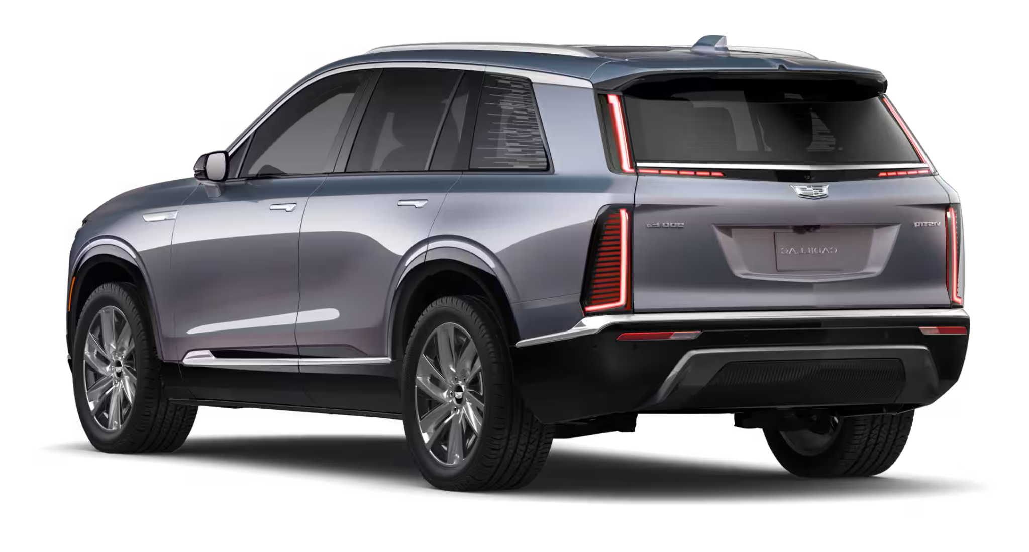 Rear view of the 2026 Cadillac Vistiq Luxury EV AWD featuring vertical LED tail lights, sculpted rear bumper, and elegant Cadillac badging.