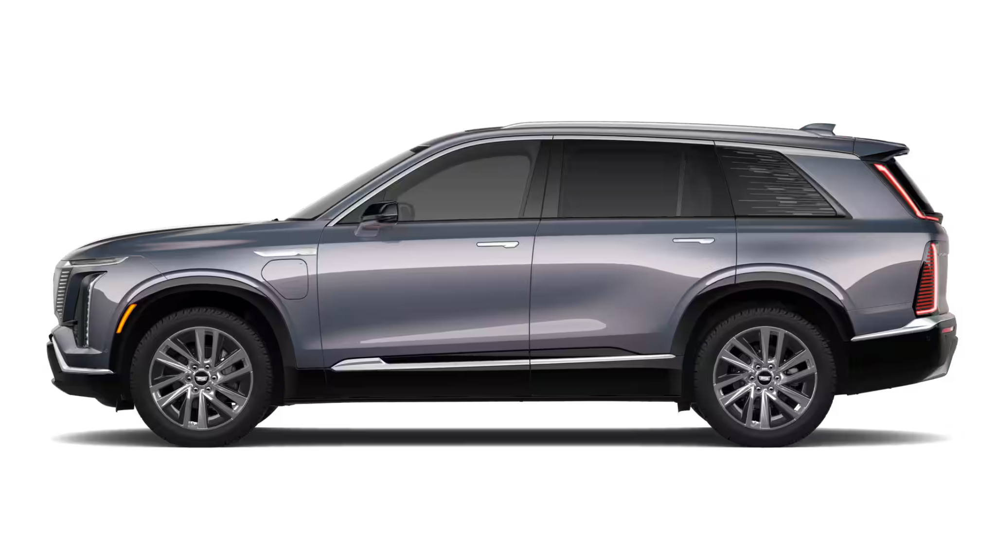 Sleek side profile of the 2026 Cadillac Vistiq Luxury EV AWD highlighting its modern body design, charging port, and stylish alloy wheels.