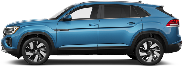 Side profile of the 2025 Atlas Cross Sport SE AWD highlighting sculpted lines, silver roof rails, and alloy wheels.