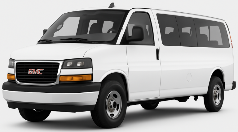 Front view of the 2025 GMC Savanna Passenger LS RWD featuring the bold GMC grille, dual-halogen headlamps, and aerodynamic front design.