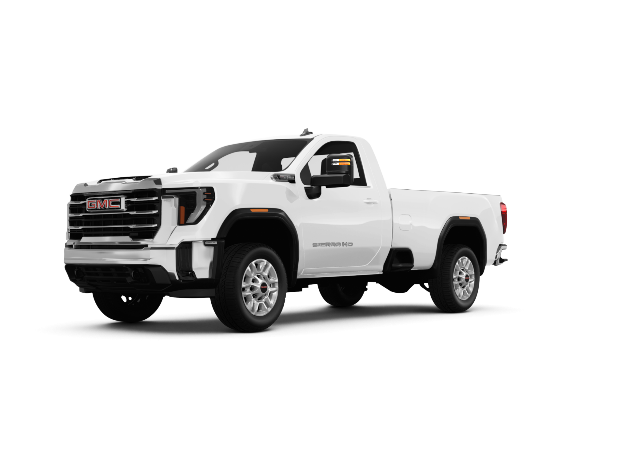 Front grille view of the 2025 GMC Sierra 2500 HD Pro with signature LED lights, chrome bumper, and bold GMC badging.