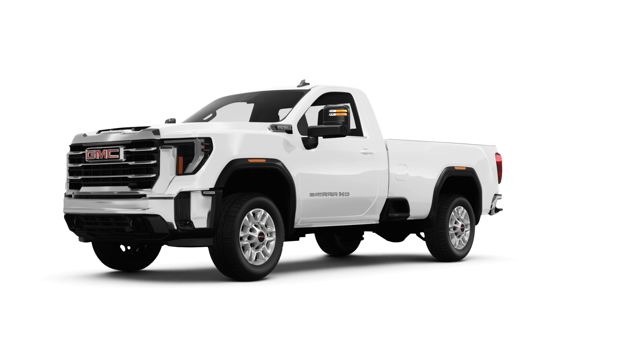 Front grille view of the 2025 GMC Sierra 2500 HD Pro with signature LED lights, chrome bumper, and bold GMC badging.