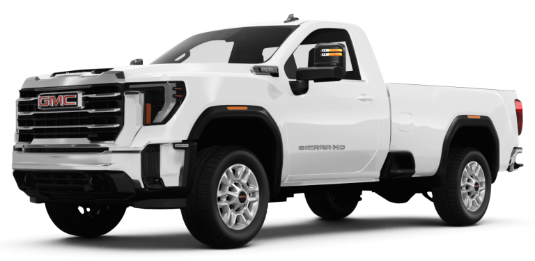 Front grille view of the 2025 GMC Sierra 2500 HD Pro with signature LED lights, chrome bumper, and bold GMC badging.