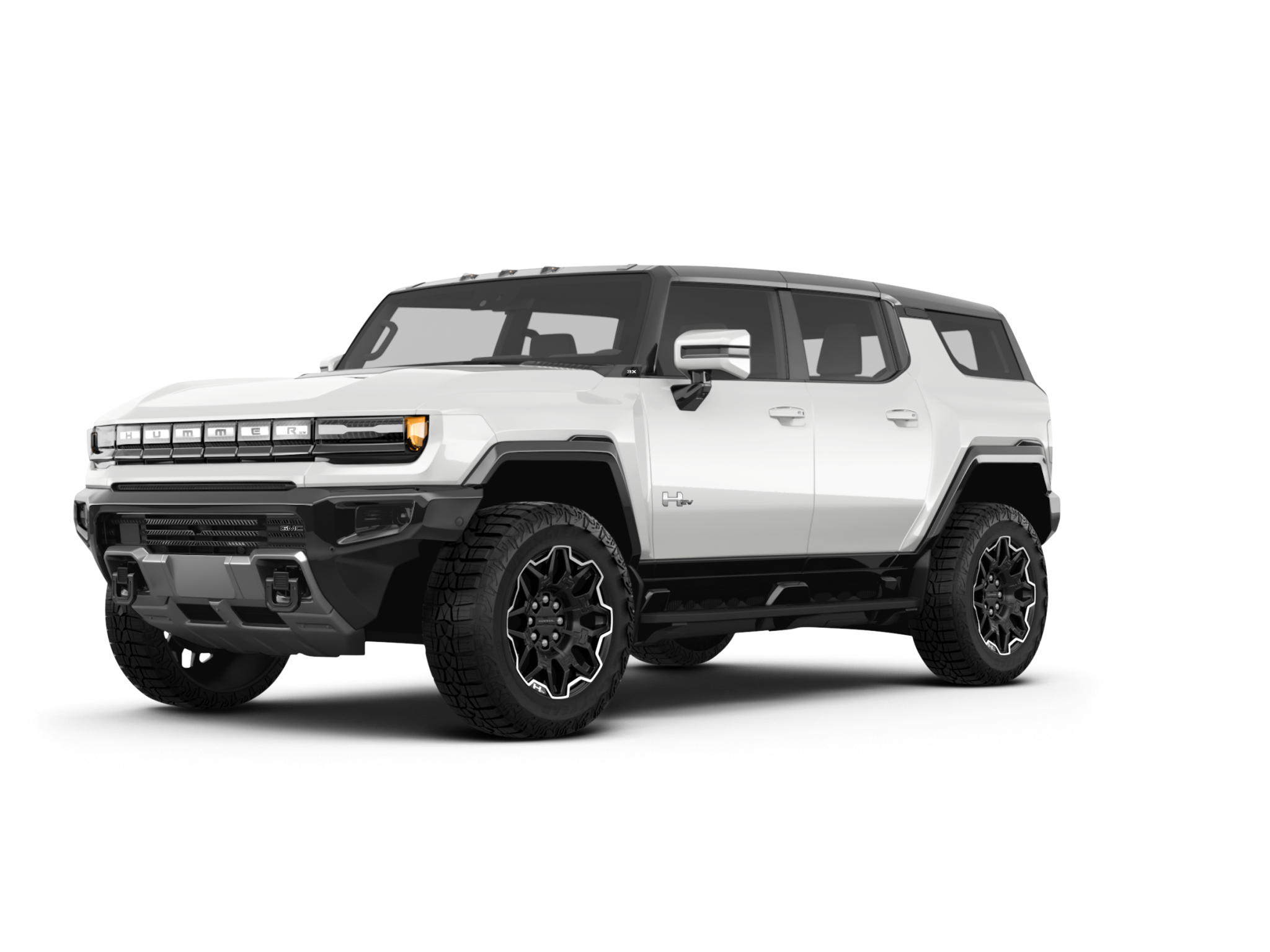 2025 GMC Hummer EV SUV front view displaying illuminated HUMMER grille, rugged bumper design, and distinctive LED headlights.