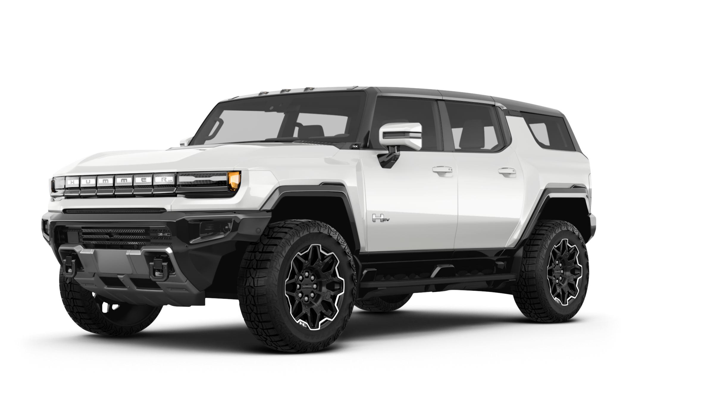 2025 GMC Hummer EV SUV front view displaying illuminated HUMMER grille, rugged bumper design, and distinctive LED headlights.