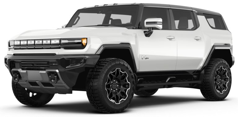 2025 GMC Hummer EV SUV front view displaying illuminated HUMMER grille, rugged bumper design, and distinctive LED headlights.