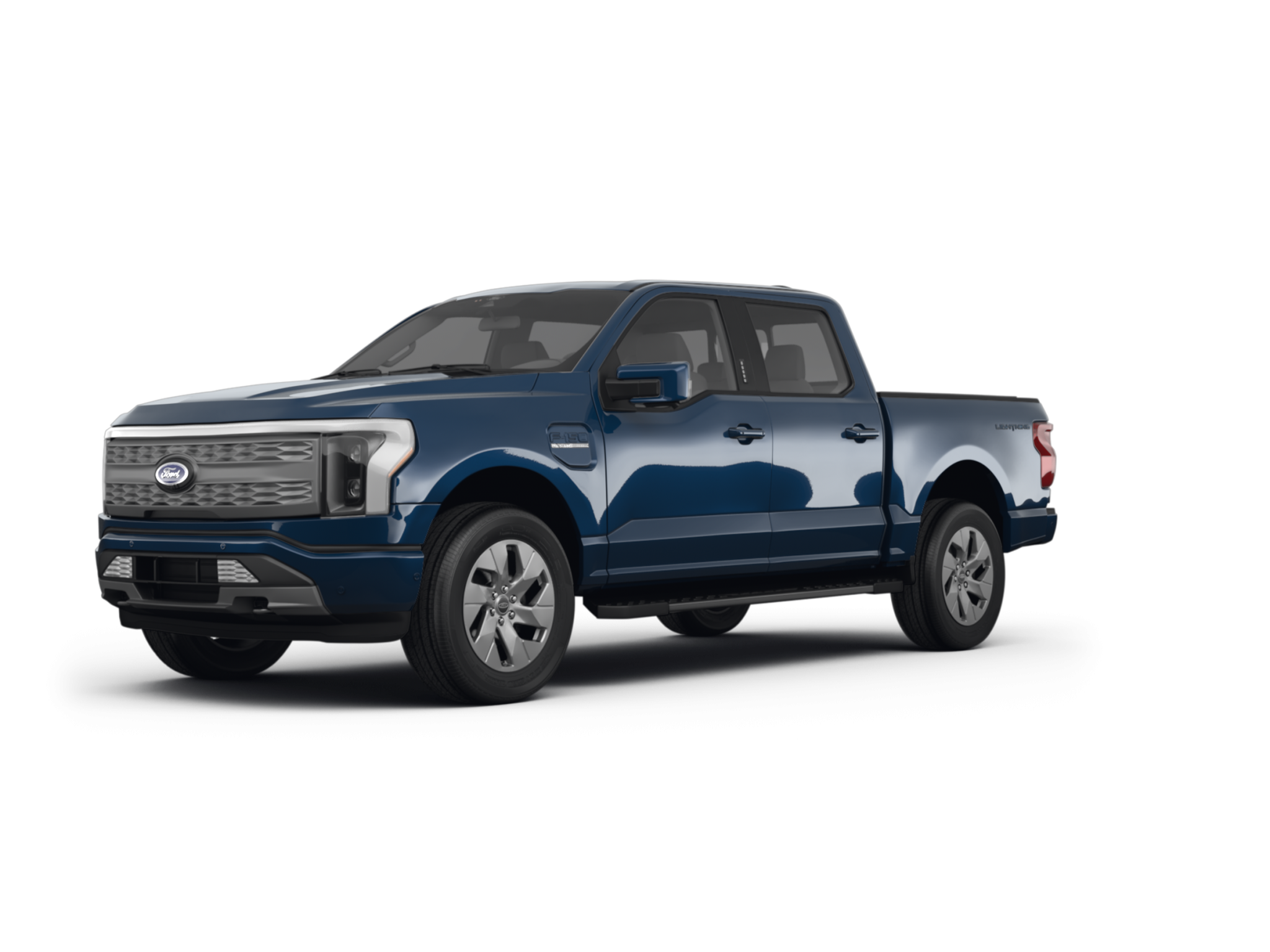 Bold front view of the 2025 Ford F-150 Lightning XLT EV with LED signature lighting and aerodynamic electric grille.