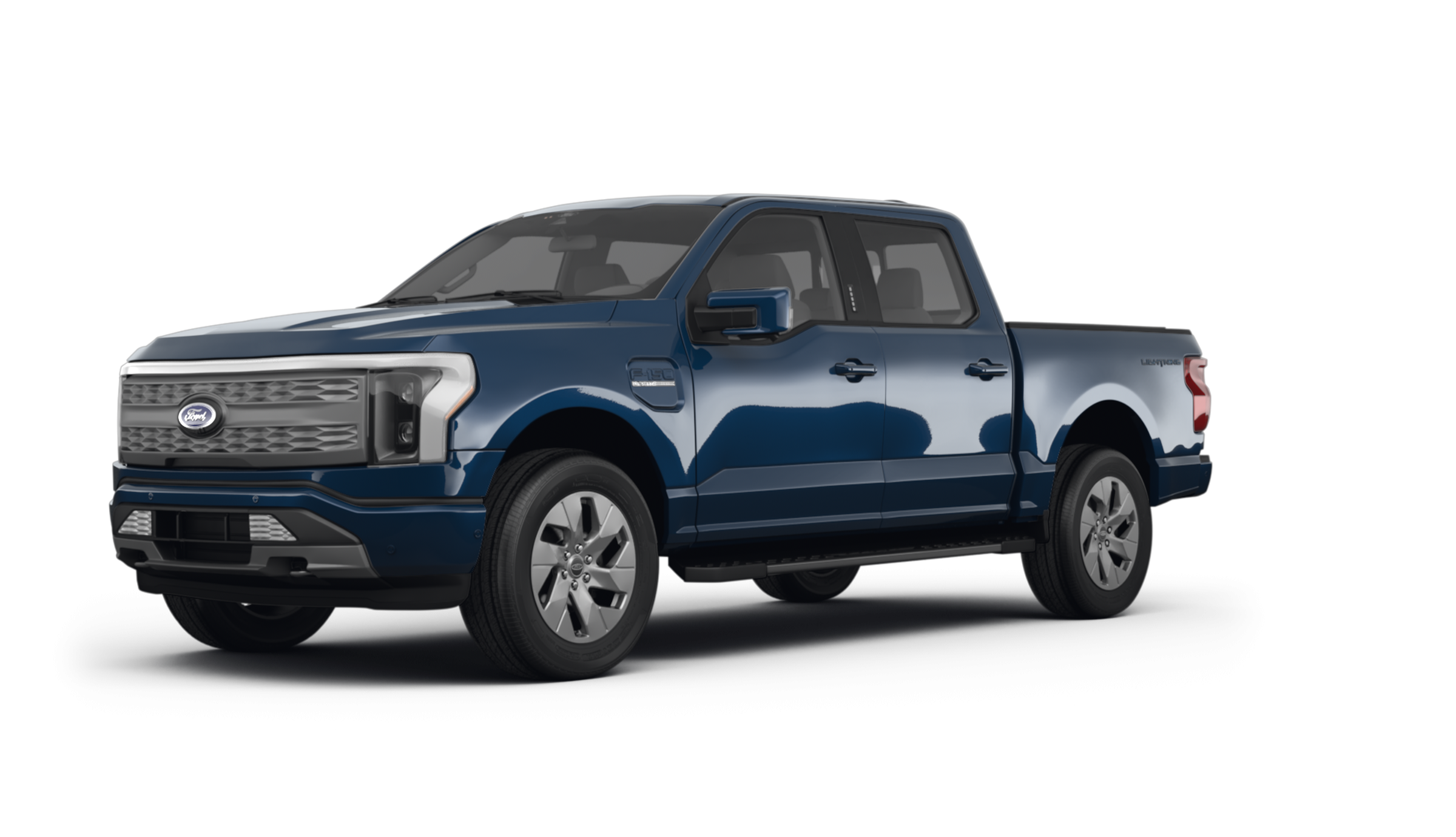 Bold front view of the 2025 Ford F-150 Lightning XLT EV with LED signature lighting and aerodynamic electric grille.