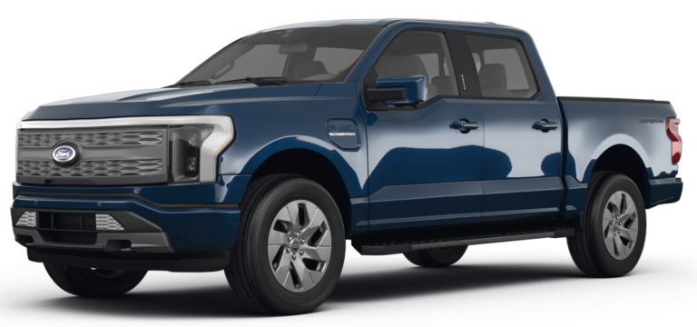Bold front view of the 2025 Ford F-150 Lightning XLT EV with LED signature lighting and aerodynamic electric grille.