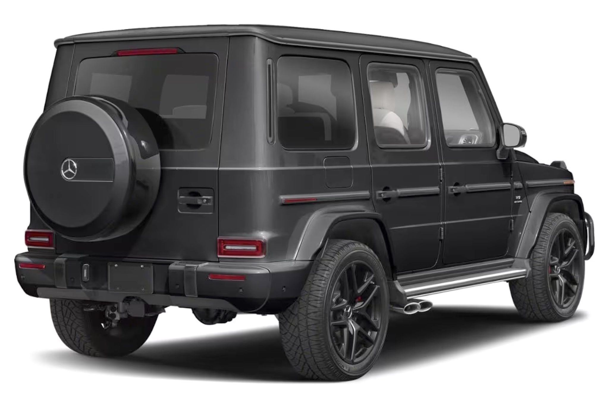 Rear view of the 2025 Mercedes-Benz G 550 AWD SUV with signature spare tire mount, LED taillights, and stainless steel accents.