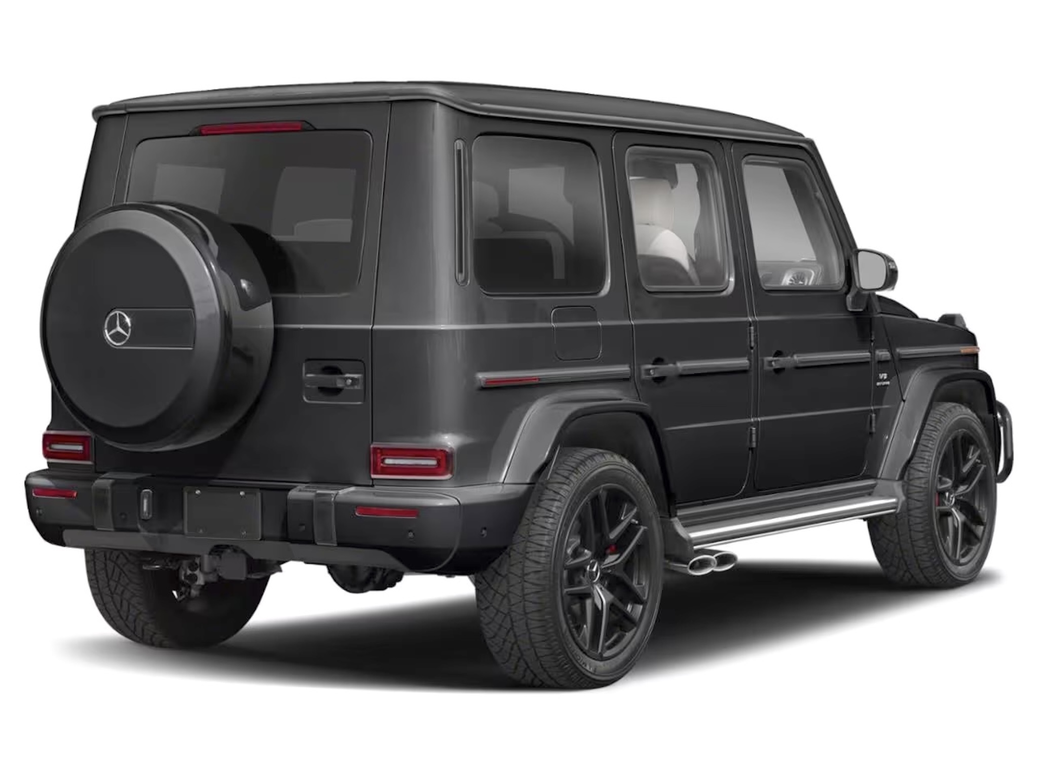 Rear view of the 2025 Mercedes-Benz G 550 AWD SUV with signature spare tire mount, LED taillights, and stainless steel accents.