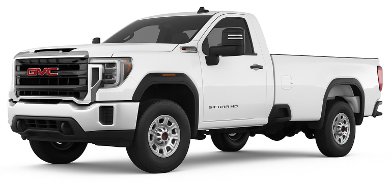 front view of the 2025 GMC Sierra 3500 HD Pro 4WD Regular Cab with chrome bumpers and extended trailering mirrors.