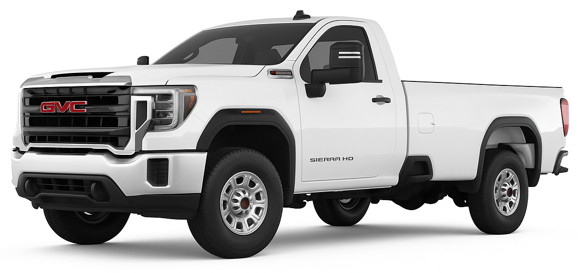 front view of the 2025 GMC Sierra 3500 HD Pro 4WD Regular Cab with chrome bumpers and extended trailering mirrors.