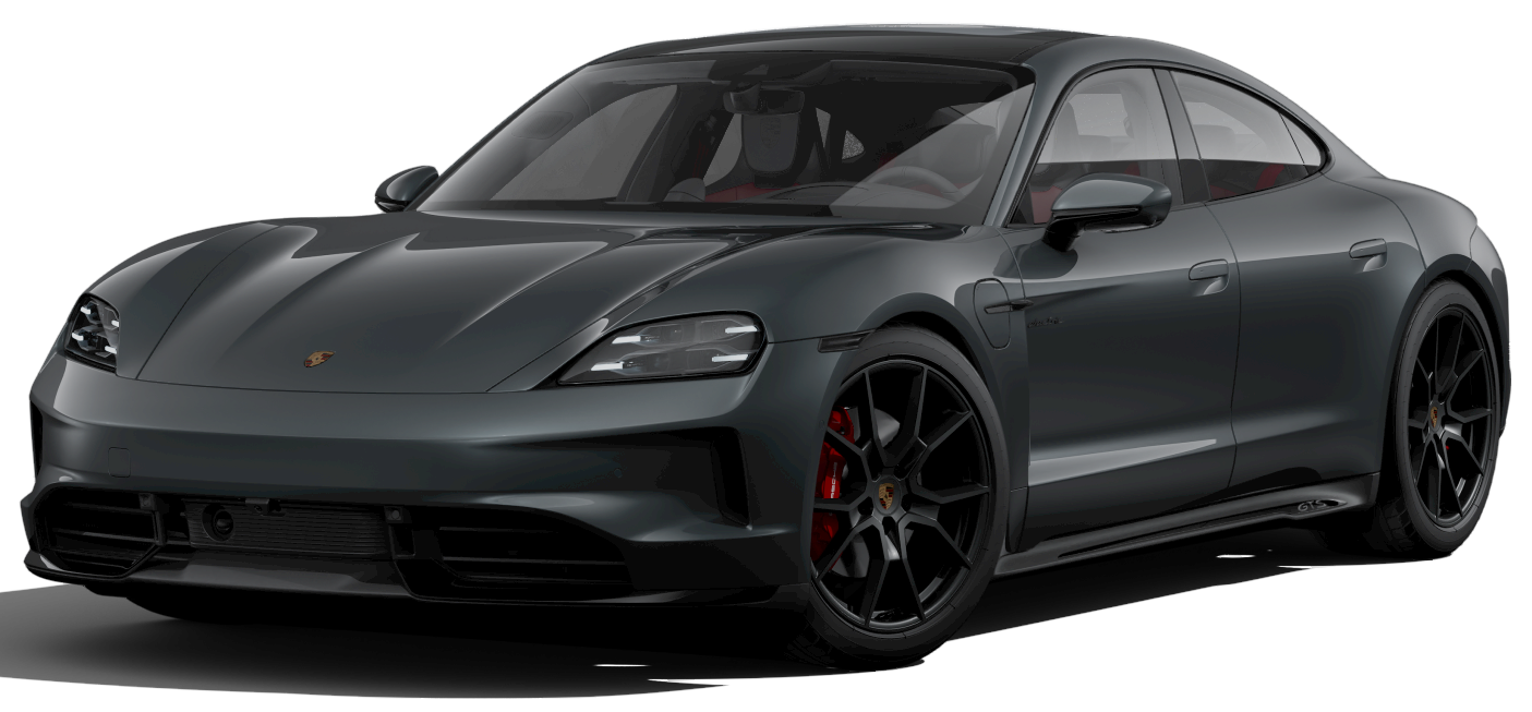 Front view of the 2025 Porsche Taycan lease, a luxury EV parked in NYC, showcasing its sleek design.